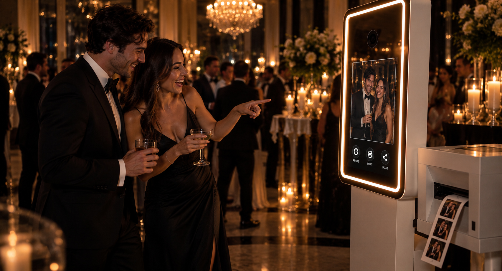 Couple in black tie laughing beside the Mirror Booth in a chandelier-lit ballroom